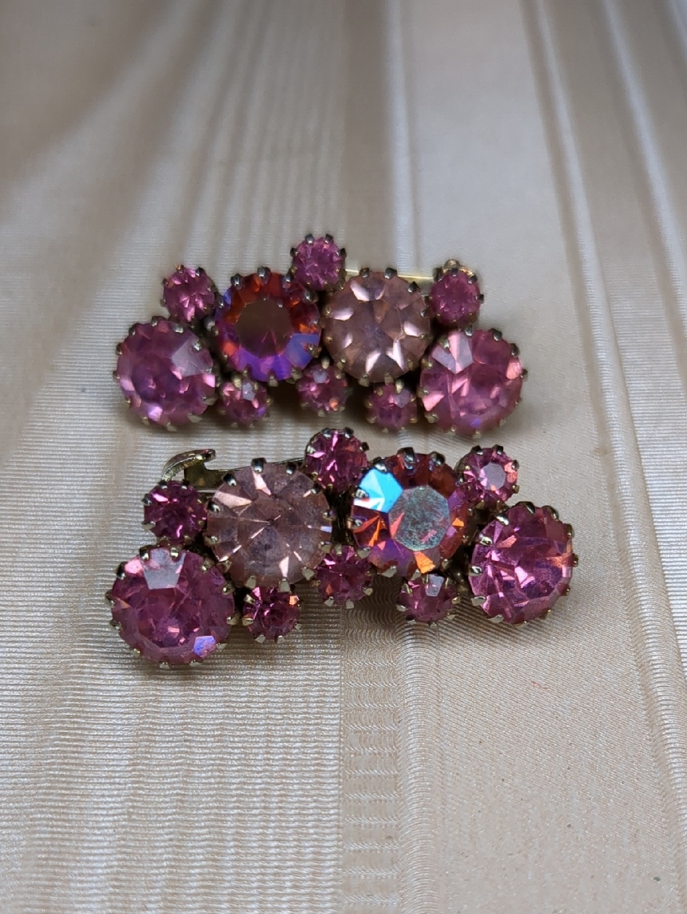 Vintage 60s Pink Rhinestone Earrings Formal Ear Climber Mid Century Clip-on